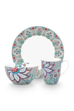 Porzellan Sets|Pip Studio Flower Festival Fruhstuck Set/3 Hell Blau