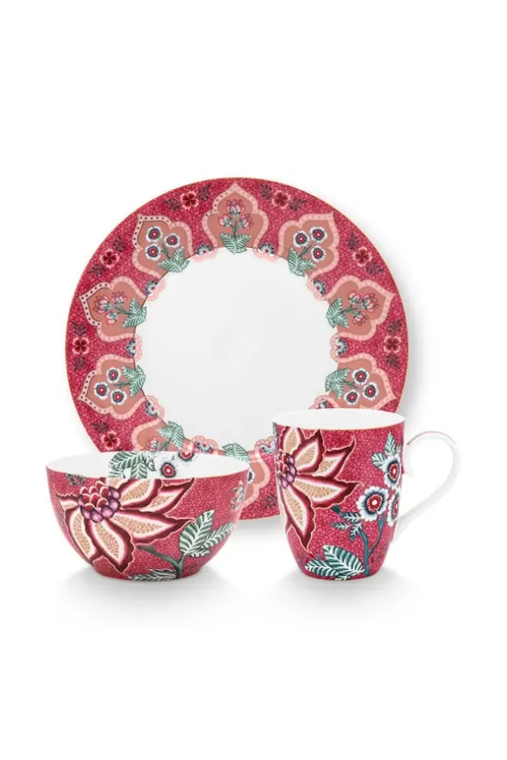 Porzellan Sets|Pip Studio Flower Festival Fruhstuck Set/3 Dunkel Rosa