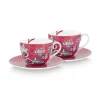 Tasse & Untertasse|Pip Studio Flower Festival Set/2 Cappuccino Tasse & Undertasse Dunkelrosa