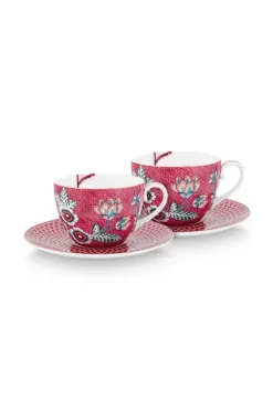 Tasse & Untertasse|Pip Studio Flower Festival Set/2 Cappuccino Tasse & Undertasse Dunkelrosa