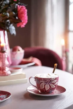 Tasse & Untertasse|Pip Studio Flower Festival Set/2 Cappuccino Tasse & Undertasse Dunkelrosa