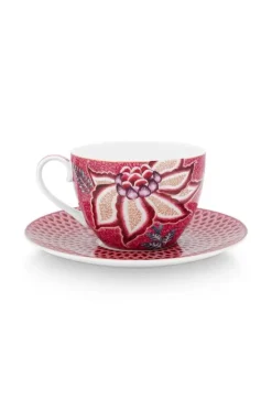 Tasse & Untertasse|Pip Studio Flower Festival Set/2 Cappuccino Tasse & Undertasse Dunkelrosa
