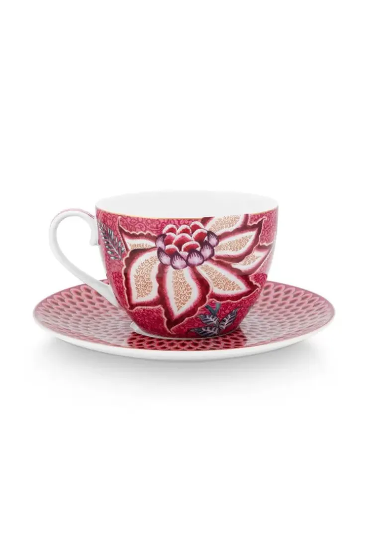 Tasse & Untertasse|Pip Studio Flower Festival Set/2 Cappuccino Tasse & Undertasse Dunkelrosa