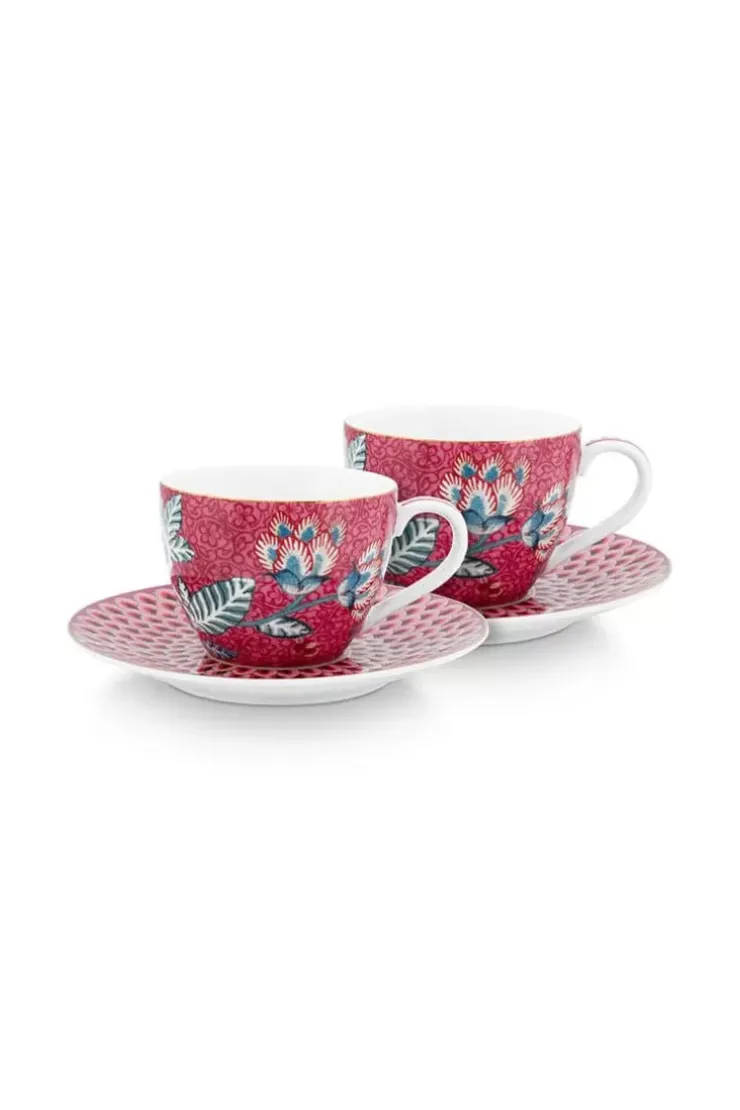 Porzellan Sets|Pip Studio Flower Festival Set/2 Espresso Tasse & Undertasse Dunkel Rosa