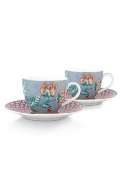 Porzellan Sets|Pip Studio Flower Festival Set/2 Espresso Tasse & Undertasse Hell Blau