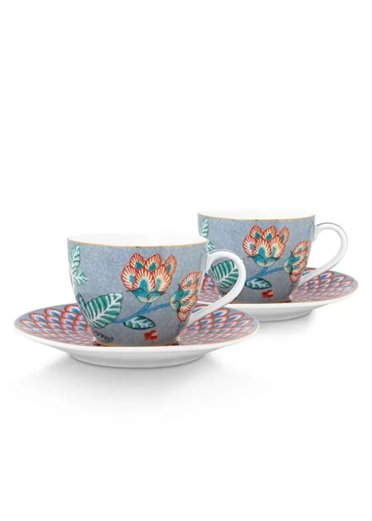 Porzellan Sets|Pip Studio Flower Festival Set/2 Espresso Tasse & Undertasse Hell Blau