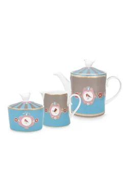 Porzellan Sets|Pip Studio Love Birds Tee Set/3 Blau/Khaki Mehrfarbig