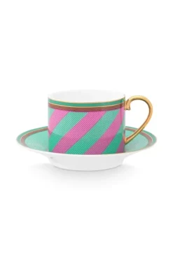 Tasse & Untertasse|Pip Studio Pip Chique Stripes Cappuccino Tasse & Untertasse Rosa/Grun