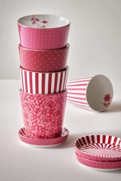 Teetassen|Pip Studio Royal Stripes Tasse Blumen & Teebeutelablage Dunkel Rosa