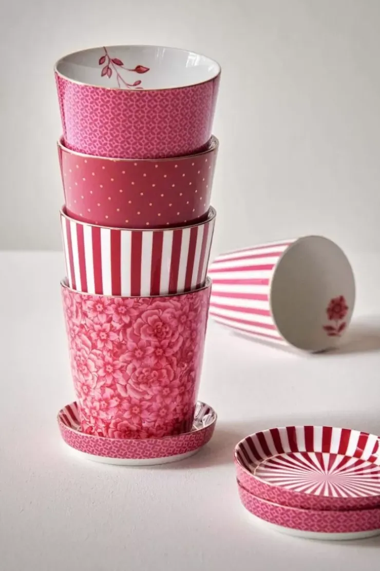 Teetassen|Pip Studio Royal Stripes Tasse Blumen & Teebeutelablage Dunkel Rosa