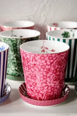 Teetassen|Pip Studio Royal Stripes Tasse Blumen & Teebeutelablage Dunkel Rosa
